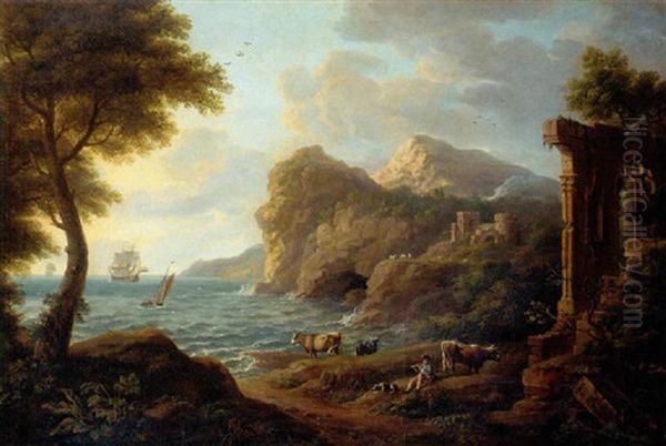 A Drover With Cattle In A Classical Coastal Landscape - view 1