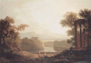 Figures In A Classical Wooded Lake Landscape by Copleston Warre Bampfylde