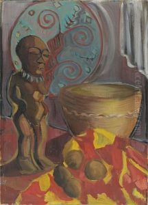 Afrikanisches Stilleben Mit Figur, Schild Und Vier Fruchten by Alma del Banco