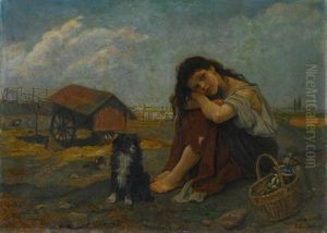 Traumendes Hirtenmadchen Mit Hund Auf Der Koppel by Eugenie Bandell