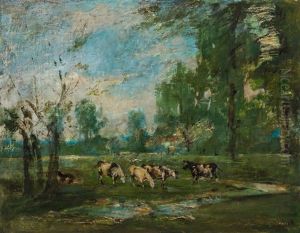 Weidelandschaft Mit Hornvieh. Rs. Figurenstudie by Hermann Baender