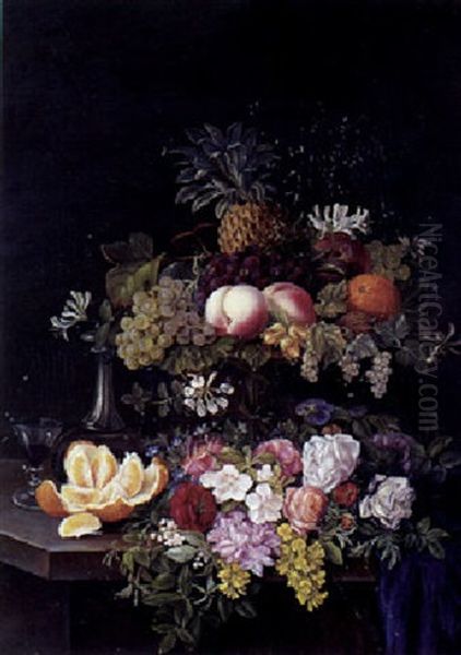 Opsats Med Frugter Pa Bord Med Blomsterbuket - view 1
