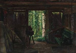 In A Thatching Workshop by Vilhelmine Marie Bang