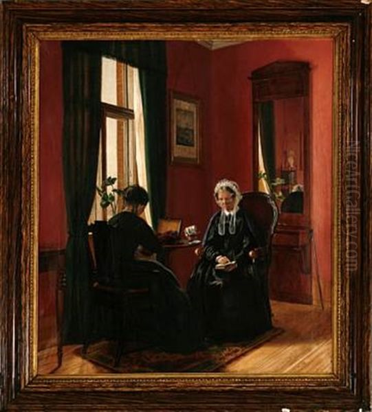 Interior With The Artist's Mother Marie Bang (nee Fribert) Reading And The Artist's Sister Ulrikke Bang Sewing - view 1