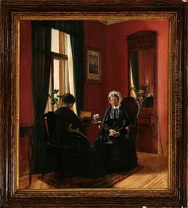Interior With The Artist's Mother Marie Bang (nee Fribert) Reading And The Artist's Sister Ulrikke Bang Sewing