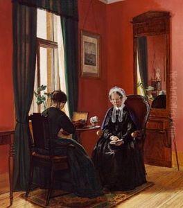 Interior With The Artist's Mother Reading And The Artist's Sister Sewing by Vilhelmine Marie Bang