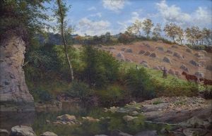 Landscape With A Stream And Harvesters Working In A Field Beyond Landscape With A Stream And Harvesters Working In A Field Beyond