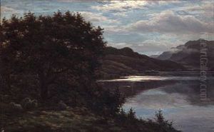 Sheeps Under A Tree By A Loch In Scotland by John James Bannatyne