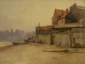 Old Sandside Scarborough With Beached Paddle Steamer by Charles William Adderton