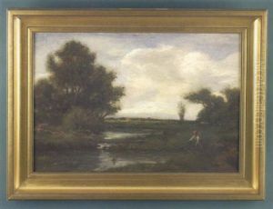 Country Landscape With Man Fishing At A Pond, With Trees In The Foreground And A Town In Background Country Landscape With Man Fishing At A Pond, With Trees In The Foreground And A Town In Background