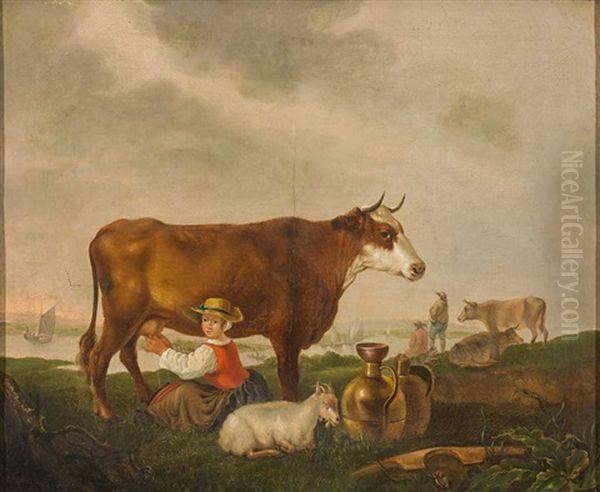 Hirten Mit Herde Am Flussufer, Im Vordergrund Junge Bauerin In Tracht Beim Melken Der Kuh - view 1