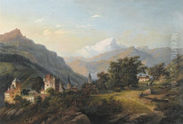 Gebirgspartie Mit Ortschaft Und Burg - view 1