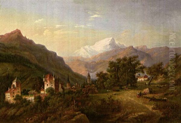 Berglandschaft Mit Ortschaft, Im Vordergrund Eine Burg - view 1