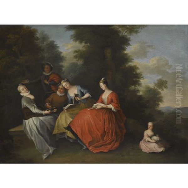 An Elegant Company Seated Outdoors Making Music (+ An Elegant Company Seated Outdoors With A Couple Looking At A Bird's Nest, Smllr; Pair) - view 1