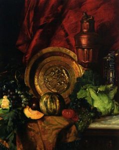 Stilleben Mit Beckenschlagerschale, Obst, Gemuse Und Krug by Leopold Bara