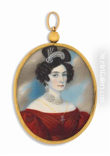 A Lady, Possibly A Moldavian Princess, In Red Off-the-shoulders Dress, Wearing A Five-strand Pearl Necklace With Diamond-set Clasp, Diamond Earrings And Diamond-set Adornment In The Shape Of A Feather In Her Dark Upswept Hair - view 1
