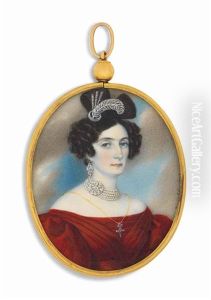 A Lady, Possibly A Moldavian Princess, In Red Off-the-shoulders Dress, Wearing A Five-strand Pearl Necklace With Diamond-set Clasp, Diamond Earrings And Diamond-set Adornment In The Shape Of A Feather In Her Dark Upswept Hair