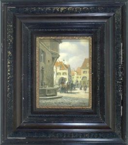 Blick Von Einer Seitenstrase Mit Brunnen Auf Eine Belebte Marktszene Mit Fuhrwerk by Max Barascudts