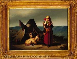 A Shepherdess And Child With Goats, Before A Tent by Giuseppe Barbaglia