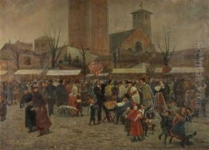 La Fiera Degli O Bej O Bej Con La Basilica Di Sant'ambrogio Sullo Sfondo by Giuseppe Barbaglia