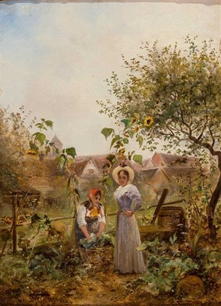Wascherin Plaudert Mit Dame, Im Hintergrund Kirchdorf - view 1
