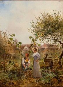 Wascherin Plaudert Mit Dame, Im Hintergrund Kirchdorf Wascherin Plaudert Mit Dame, Im Hintergrund Kirchdorf