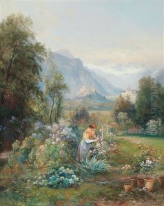 In The Flower Garden With View Of Schloss Tirol(?) by Emil Barbarini