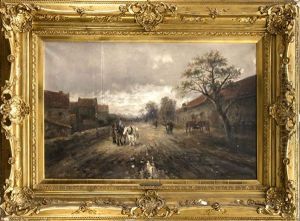 Eine Dorfliche Szene Im Herbst Mit Regem Treiben Auf Der Schlammigen Strasse