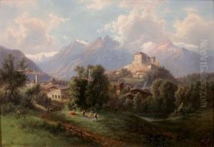 Chateau Et Village En Montagne