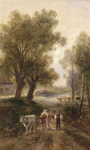 Kuhherde Am Bauernhof-weiher by Emil Barbarini