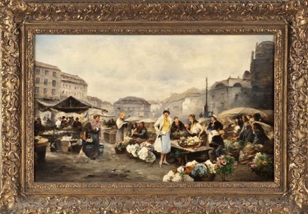 Vielfiguriges, Morgendliches Marktreiben Auf Stadtischem Platz - view 1