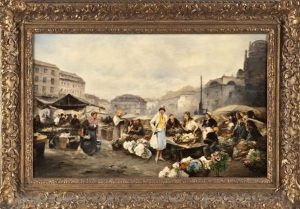Vielfiguriges, Morgendliches Marktreiben Auf Stadtischem Platz Vielfiguriges, Morgendliches Marktreiben Auf Stadtischem Platz
