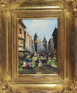 Reges Treiben Auf Dem Gemusemarkt Einer Aus Fachwerkhausern Bestehenden Innenstadt Mit Ritterlicher Brunnenfigur by Emil Barbarini