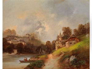 Alpenlandschaft Mit Fluss, Burg Und Villengebaude