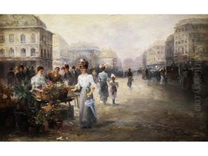 Blumenmarkt In Einer Breiten Grossstadtstrasse Mit Kutschen, Passanten Und Einer Jungen Dame Am Blumenstand by Emil Barbarini