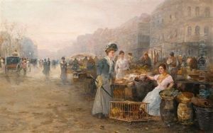 Figures On A Flower Market (+ A Busy Market; Pair) by Emil Barbarini