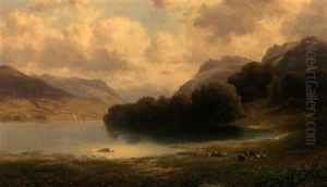 Partie Aus Oberosterreich - Sommerliche Fluslandschaft Mit Ruhender Herde Am Ufer by Emil Barbarini