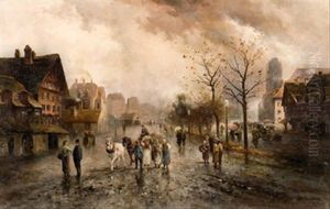 Belebte Strassenszene Nach Gewitterregen