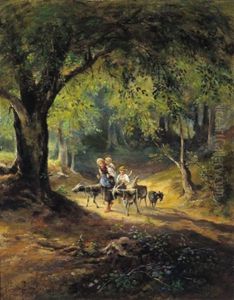 Bauernkinder Mit Ziegen Am Waldweg by Emil Barbarini