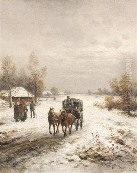 Postkutsche Auf Verschneitem Weg Vor Einem Dorf - view 1
