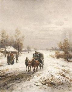 Postkutsche Auf Verschneitem Weg Vor Einem Dorf by Emil Barbarini