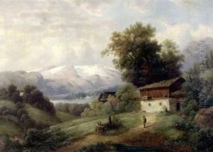 Gebirgslandschaft Mit Bauernhausern Und Figurlicher Staffage