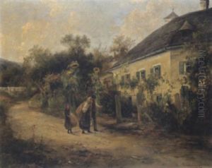 Landliche Dorfstrase Mit Figurlicher Staffage by Emil Barbarini