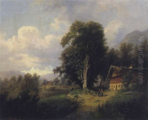 Gebirgslandschaft Mit Bauernhausern Und Figurlicher Staffage - view 1