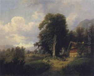 Gebirgslandschaft Mit Bauernhausern Und Figurlicher Staffage