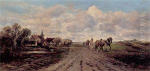 Motiv Fra Sydtyrol Med Hestespand, Der Ployer I Udkanten Af En Landsby by Emil Barbarini