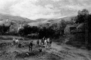 Workers In A Field With Cottage And Distant Mountainous Landscape by Emil Barbarini