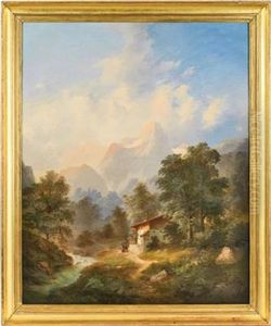 Berglandschaft Mit Bauernhaus Und Figurlicher Staffage