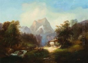 Tiroler Berglandschaft Mit Malerischem Gehoft, Brunnen, Wildbach Und Plauderndem Paar