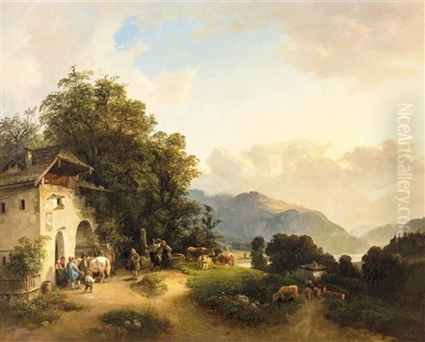 Alpenlandschaft Mit Fluss Und Verschiedenen Szenen Vor Bauernhaus - view 1